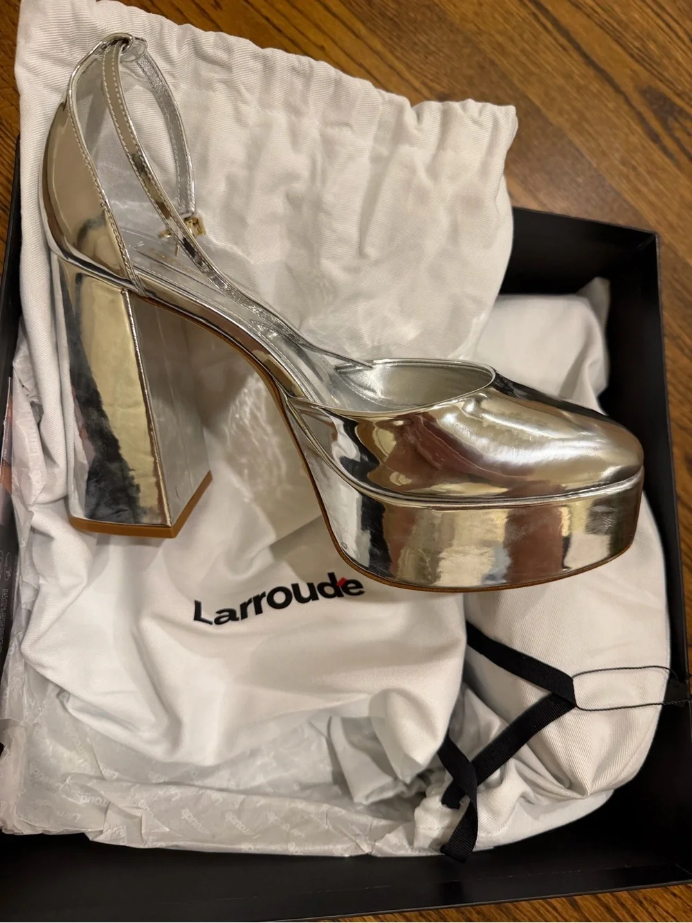 Larroude Silver Metallic Platform Slingback Heels